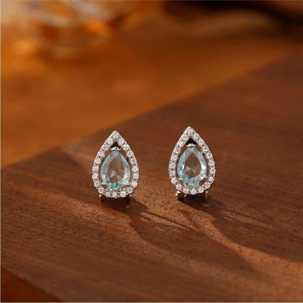 Blue Topaz Tear Drop hinge closure silver earrings - Thumbnail 6
