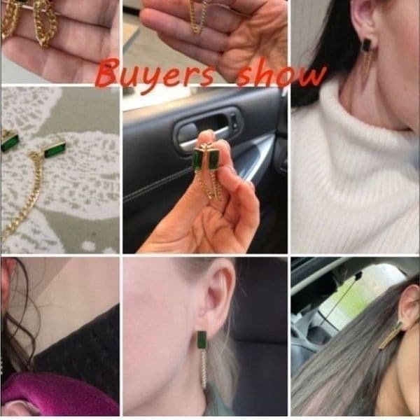 The Champion Square Emerald Crystal Gold Chain Dangle drop Earrings - Thumbnail 6