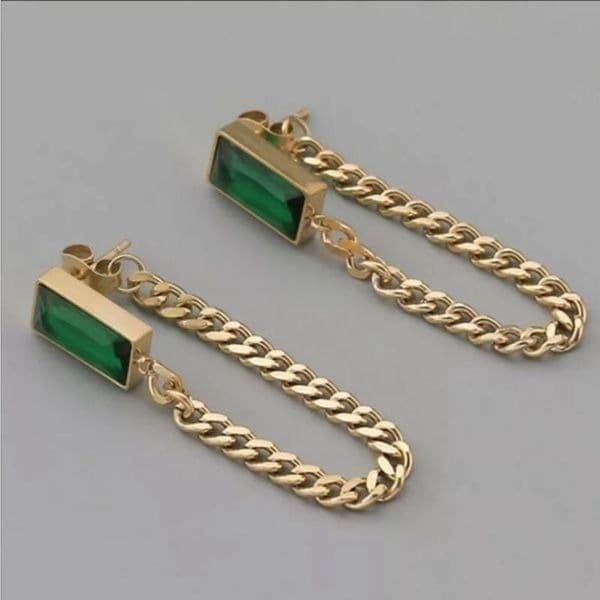 The Champion Square Emerald Crystal Gold Chain Dangle drop Earrings - Thumbnail 3