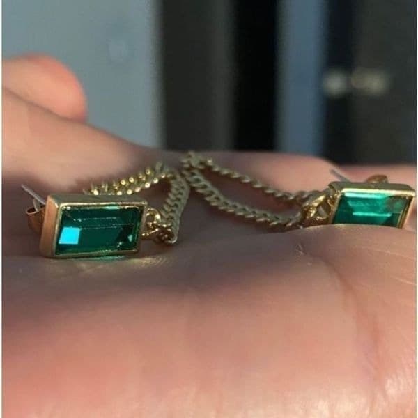 The Champion Square Emerald Crystal Gold Chain Dangle drop Earrings - Thumbnail 8