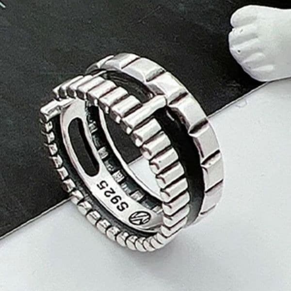 The Black Stripe Ring Adjustable in 925 silver antiqued - Thumbnail 2