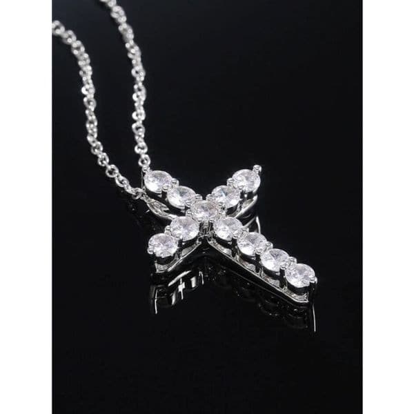 Sparkling Silver and lab created diamond cross pendant on sterling silver chain - Thumbnail 7