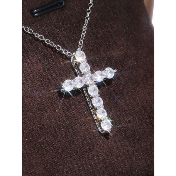 Sparkling Silver and lab created diamond cross pendant on sterling silver chain - Thumbnail 2