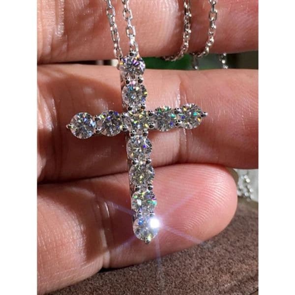 Sparkling Silver and lab created diamond cross pendant on sterling silver chain - Thumbnail 5