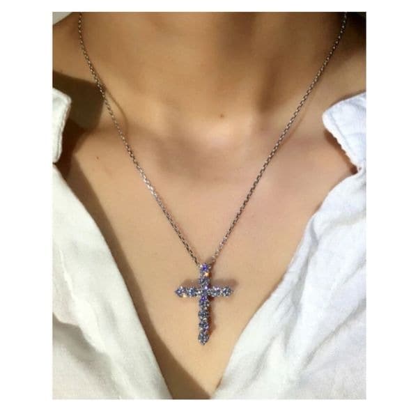 Sparkling Silver and lab created diamond cross pendant on sterling silver chain - Thumbnail 3