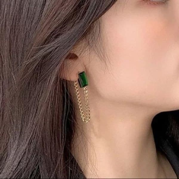The Champion Square Emerald Crystal Gold Chain Dangle drop Earrings - Thumbnail 10