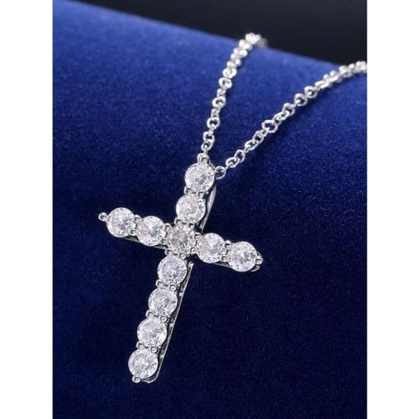 Sparkling Silver and lab created diamond cross pendant on sterling silver chain - Thumbnail 4