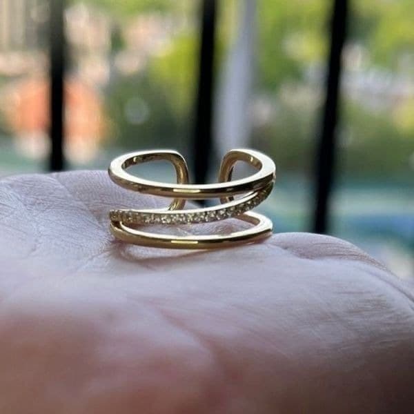 The Triple Bling Ring adjustable in 14k gold over 925 with cubic zirconia - Thumbnail 2