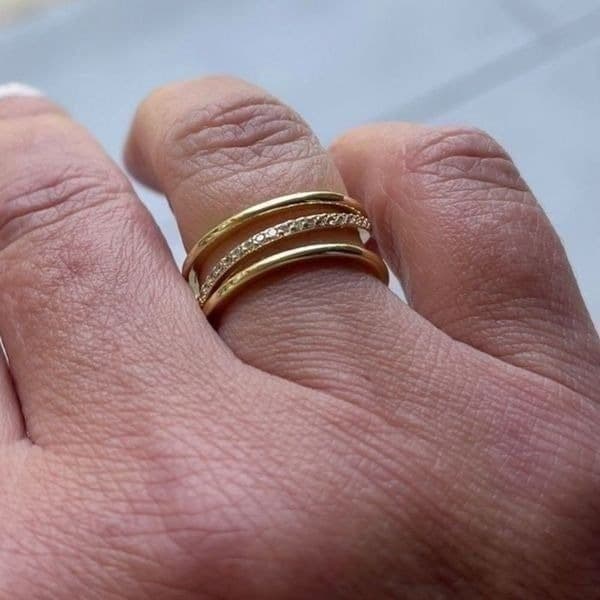 The Triple Bling Ring adjustable in 14k gold over 925 with cubic zirconia - Thumbnail 4
