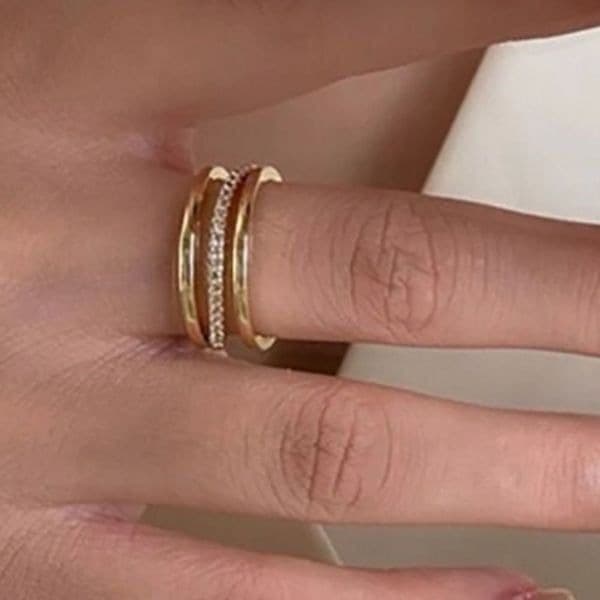 The Triple Bling Ring adjustable in 14k gold over 925 with cubic zirconia - Thumbnail 3