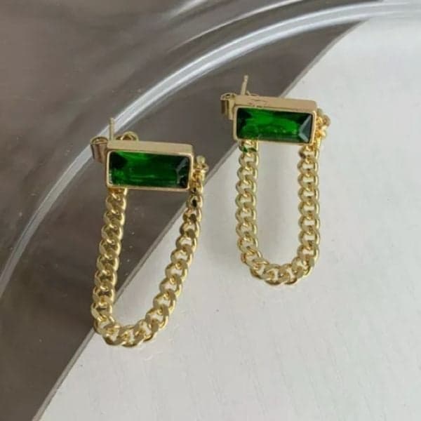 The Champion Square Emerald Crystal Gold Chain Dangle drop Earrings - Thumbnail 8