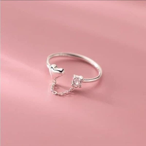 The Dainty Chain Heart ring adjustable 925 silver and moonstone - Thumbnail 2