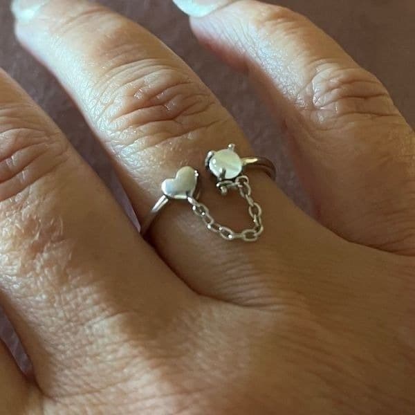 The Dainty Chain Heart ring adjustable 925 silver and moonstone - Thumbnail 5