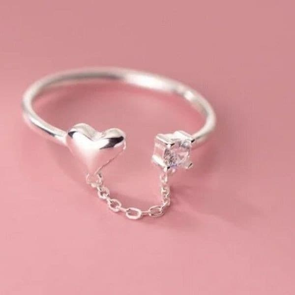 The Dainty Chain Heart ring adjustable 925 silver and moonstone - Thumbnail 4