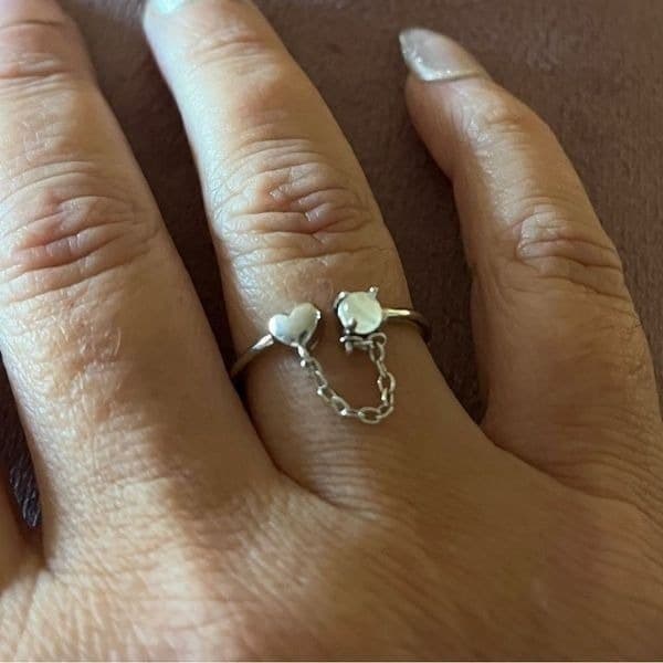 The Dainty Chain Heart ring adjustable 925 silver and moonstone - Thumbnail 9