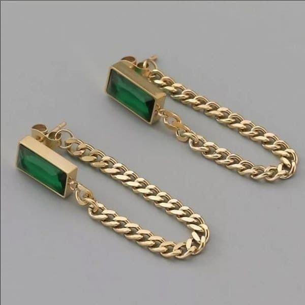 The Champion Square Emerald Crystal Gold Chain Dangle drop Earrings - Thumbnail 4