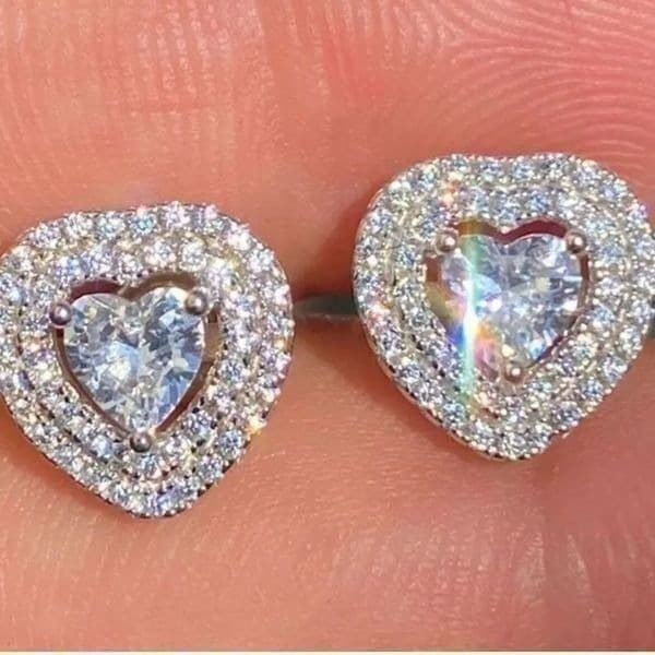 The Double Heart Earrings in 925 silver and brilliant diamonds - Thumbnail 2