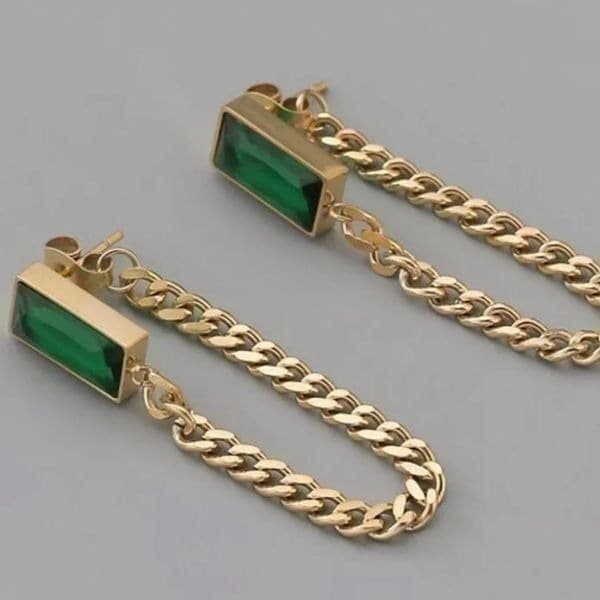 The Champion Square Emerald Crystal Gold Chain Dangle drop Earrings - Thumbnail 6