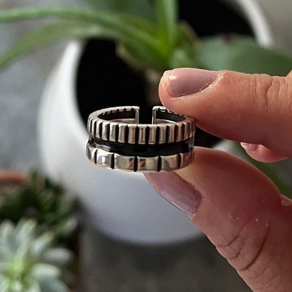 The Black Stripe Ring Adjustable in 925 silver antiqued - Thumbnail 7