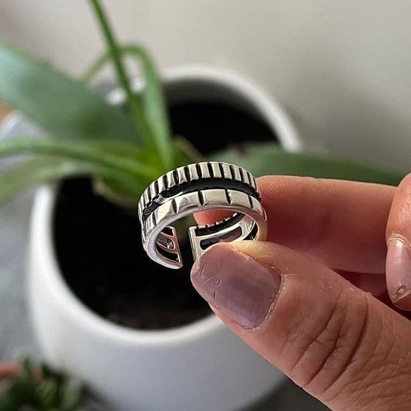 The Black Stripe Ring Adjustable in 925 silver antiqued - Thumbnail 8