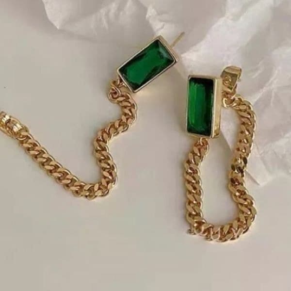 The Champion Square Emerald Crystal Gold Chain Dangle drop Earrings - Image 1