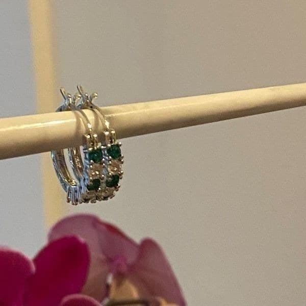 The Classic Bestselling 925 Silver Emerald& White Sapphire hoop earrin - Thumbnail 12