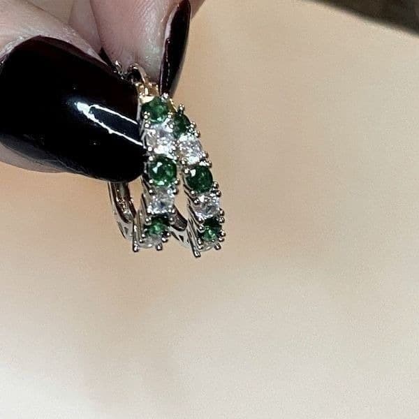 The Classic Bestselling 925 Silver Emerald& White Sapphire hoop earrin - Thumbnail 7