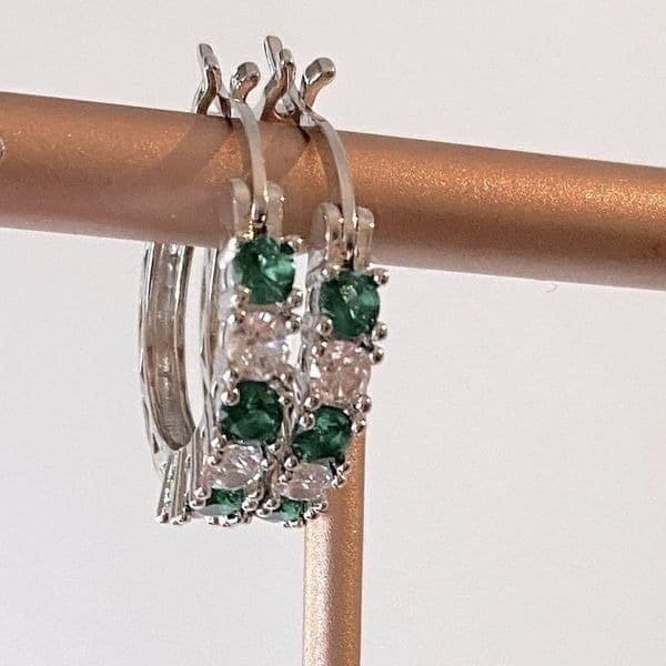The Classic Bestselling 925 Silver Emerald& White Sapphire hoop earrin - Image 1