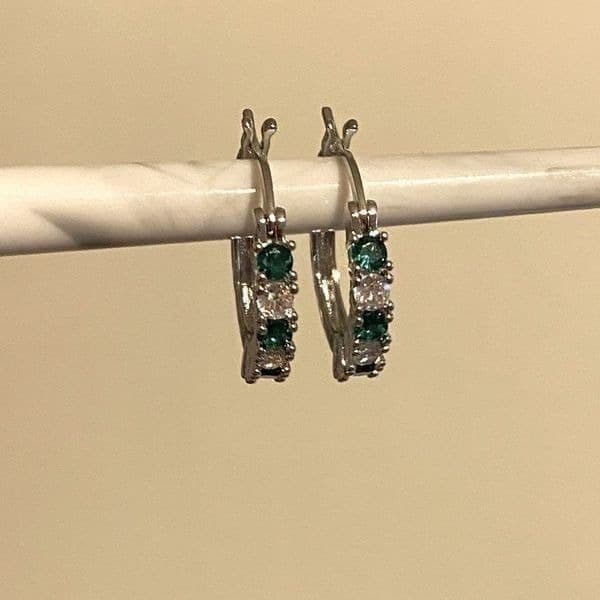 The Classic Bestselling 925 Silver Emerald& White Sapphire hoop earrin - Thumbnail 6