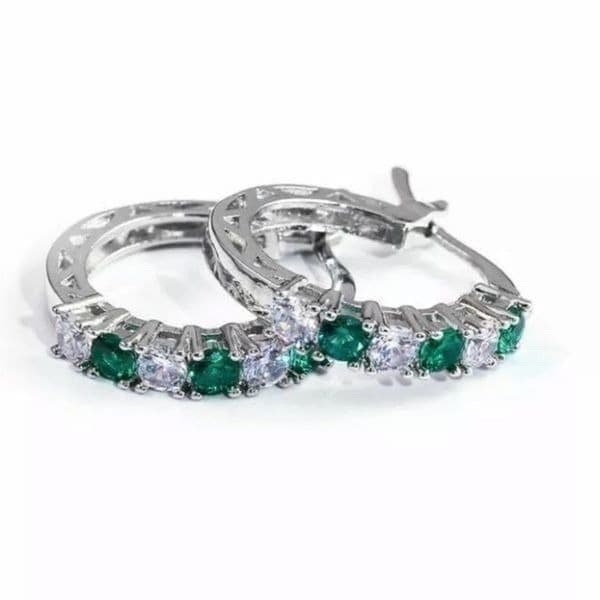 The Classic Bestselling 925 Silver Emerald& White Sapphire hoop earrin - Thumbnail 2