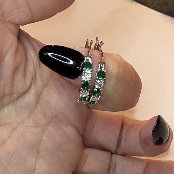 The Classic Bestselling 925 Silver Emerald& White Sapphire hoop earrin - Thumbnail 8