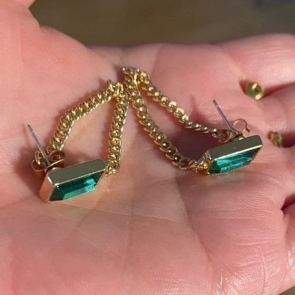 The Champion Square Emerald Crystal Gold Chain Dangle drop Earrings - Thumbnail 5