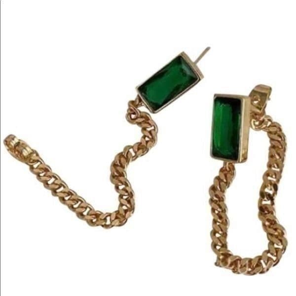 The Champion Square Emerald Crystal Gold Chain Dangle drop Earrings - Thumbnail 2