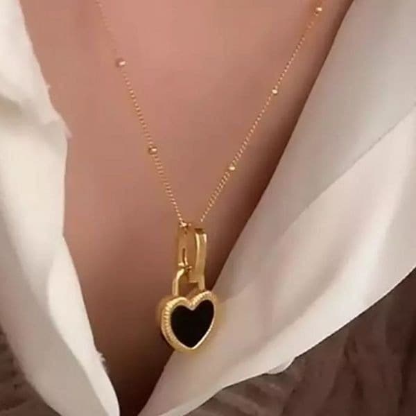 The Two Faced Heart Black/White Shell Pendant Necklaces Gold over 925 silver - Thumbnail 5