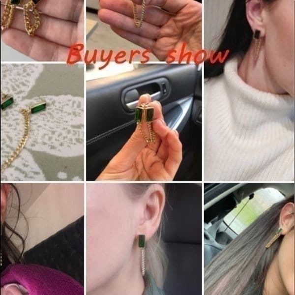 The Champion Square Emerald Crystal Gold Chain Dangle drop Earrings - Thumbnail 9