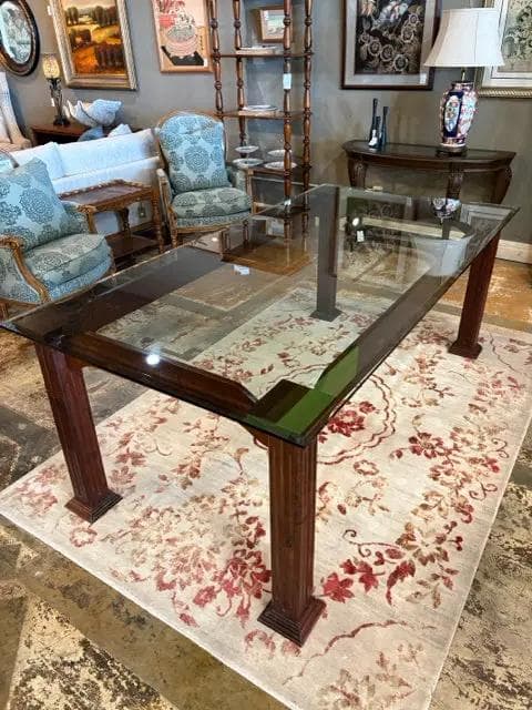 Custom Handmade Wooden Base Dining Table With Beveled Glass Top - Image 1