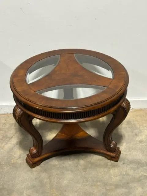 Round Wooden Accent Table With Glass Inserts - Thumbnail 2