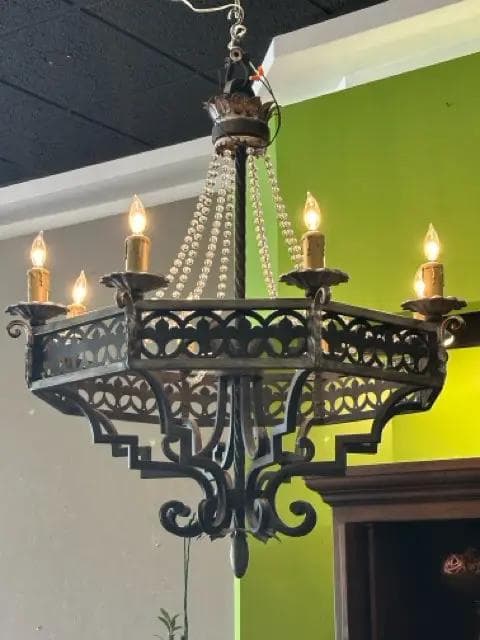 8 Light Wrought Iron Chandelier with Beaded Garland - Image 1