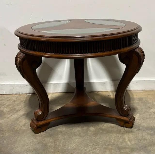 Round Wooden Accent Table With Glass Inserts - Image 1