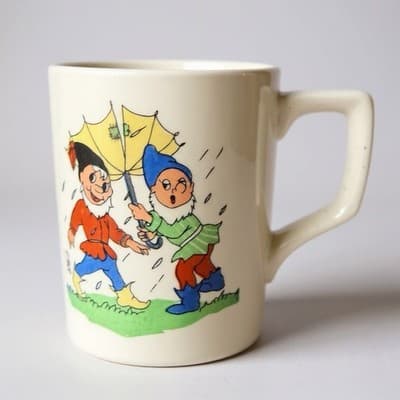 Vintage USA Ceramic Coffee Mug Rainy Day Gnomes Elves Under Umbrella Whimsical