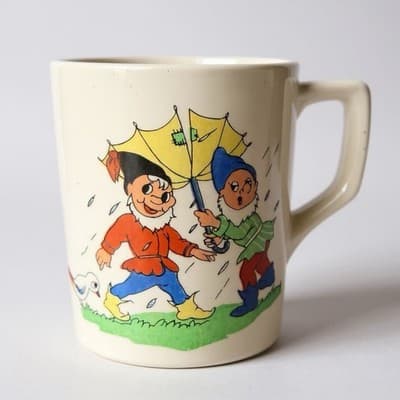 Vintage USA Ceramic Coffee Mug Rainy Day Gnomes Elves Under Umbrella Whimsical - Thumbnail 2