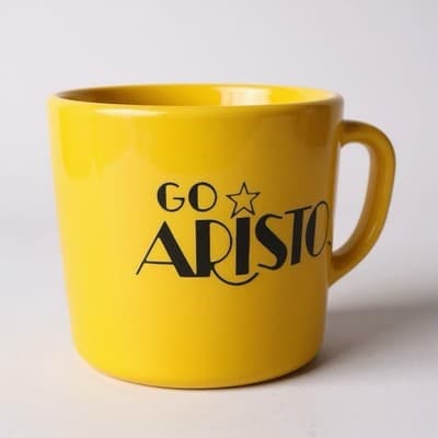 Vintage Federal Glass Yellow Milk Glass Mug GO ARISTOS Promotional Coffee Cup - Thumbnail 2