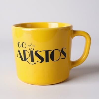 Vintage Federal Glass Yellow Milk Glass Mug GO ARISTOS Promotional Coffee Cup