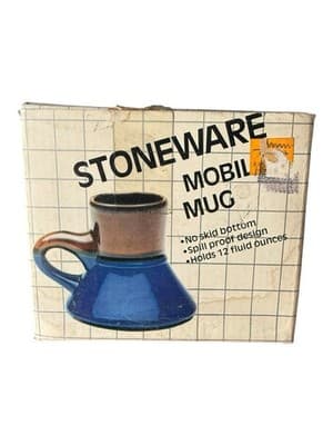 Vintage Stoneware Mobil Mug No-Skid Spill Proof Blue Brown 12 oz NOS - Thumbnail 6