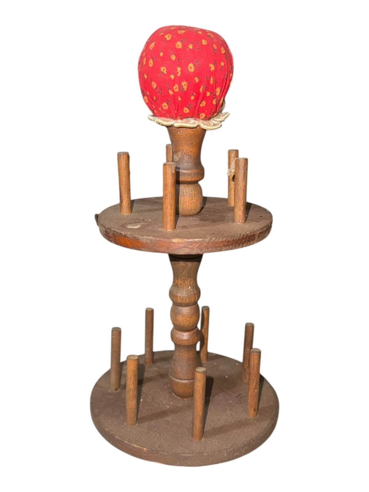 Vintage Wooden Revolving Spool Thread Holder Caddy 2-Tier Pincushion Sewing Rack - Image 1
