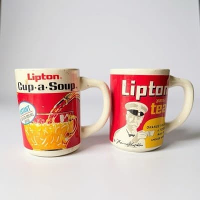 Vintage Pair Lipton Promotional Mugs Cup-a-Soup & Brisk Tea Sir Thomas Lipton - Thumbnail 2