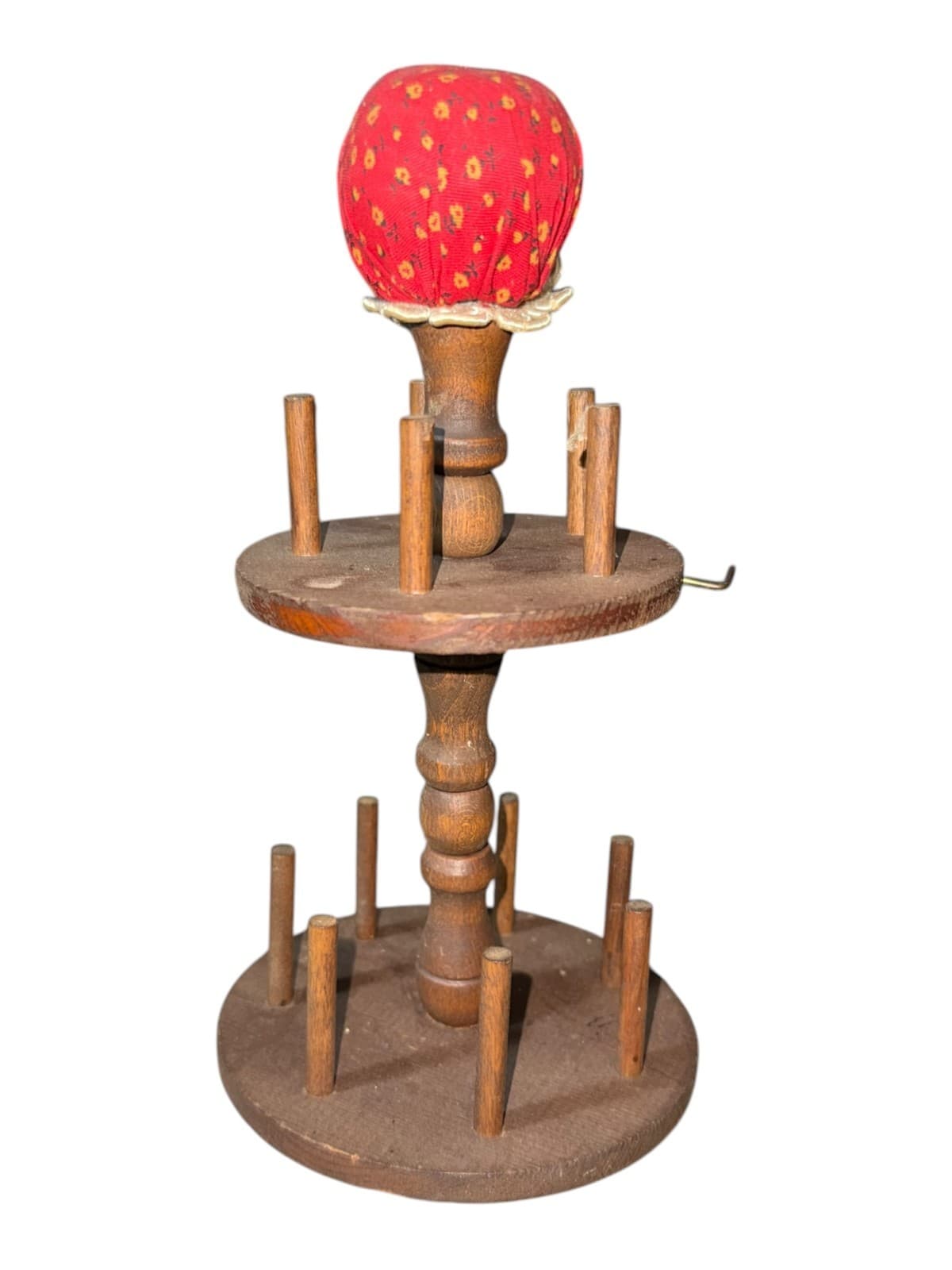 Vintage Wooden Revolving Spool Thread Holder Caddy 2-Tier Pincushion Sewing Rack - Thumbnail 2