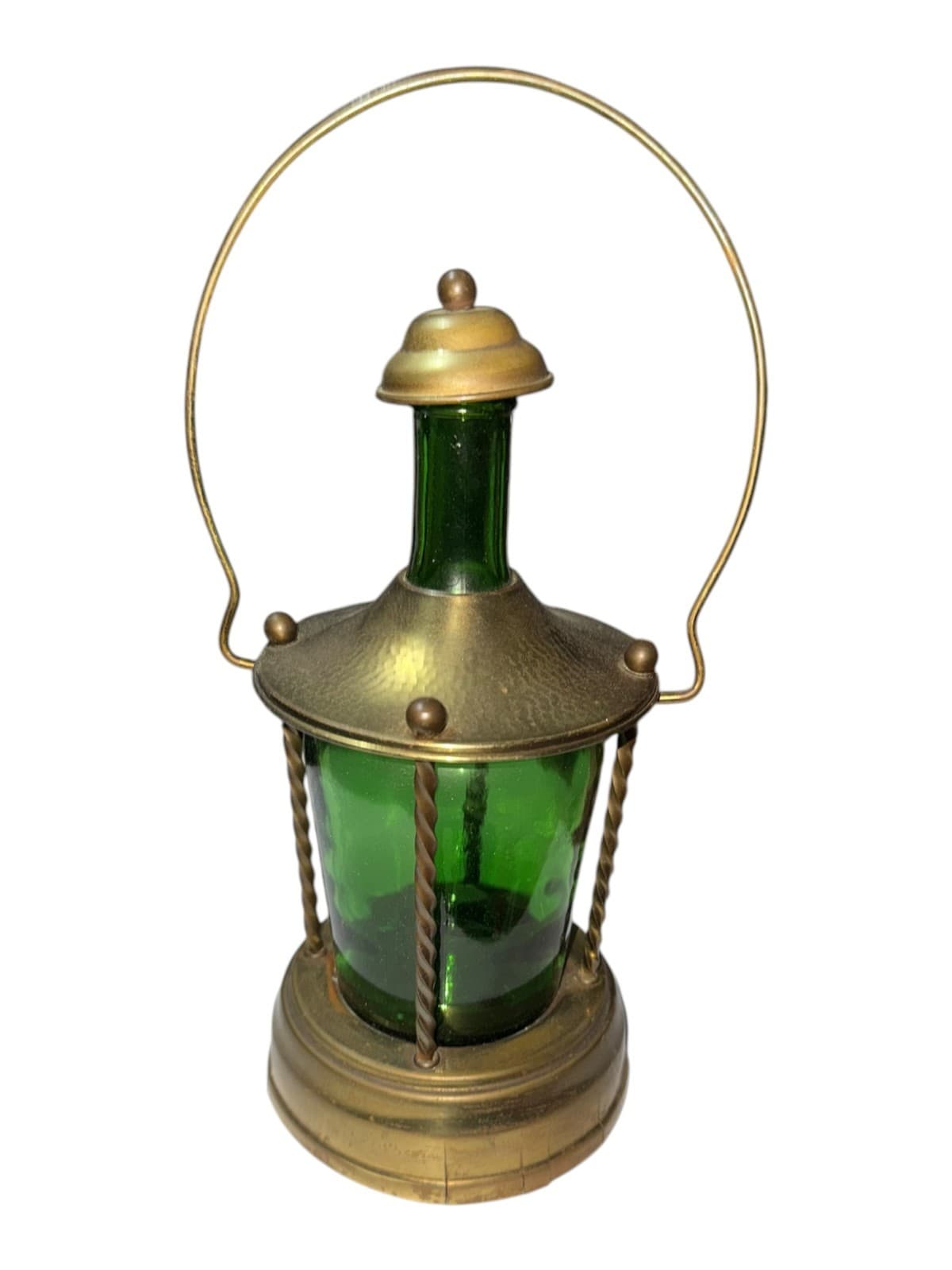 Vintage Musical Lantern Decanter Green Glass Brass Nautical Ship Light - Image 1