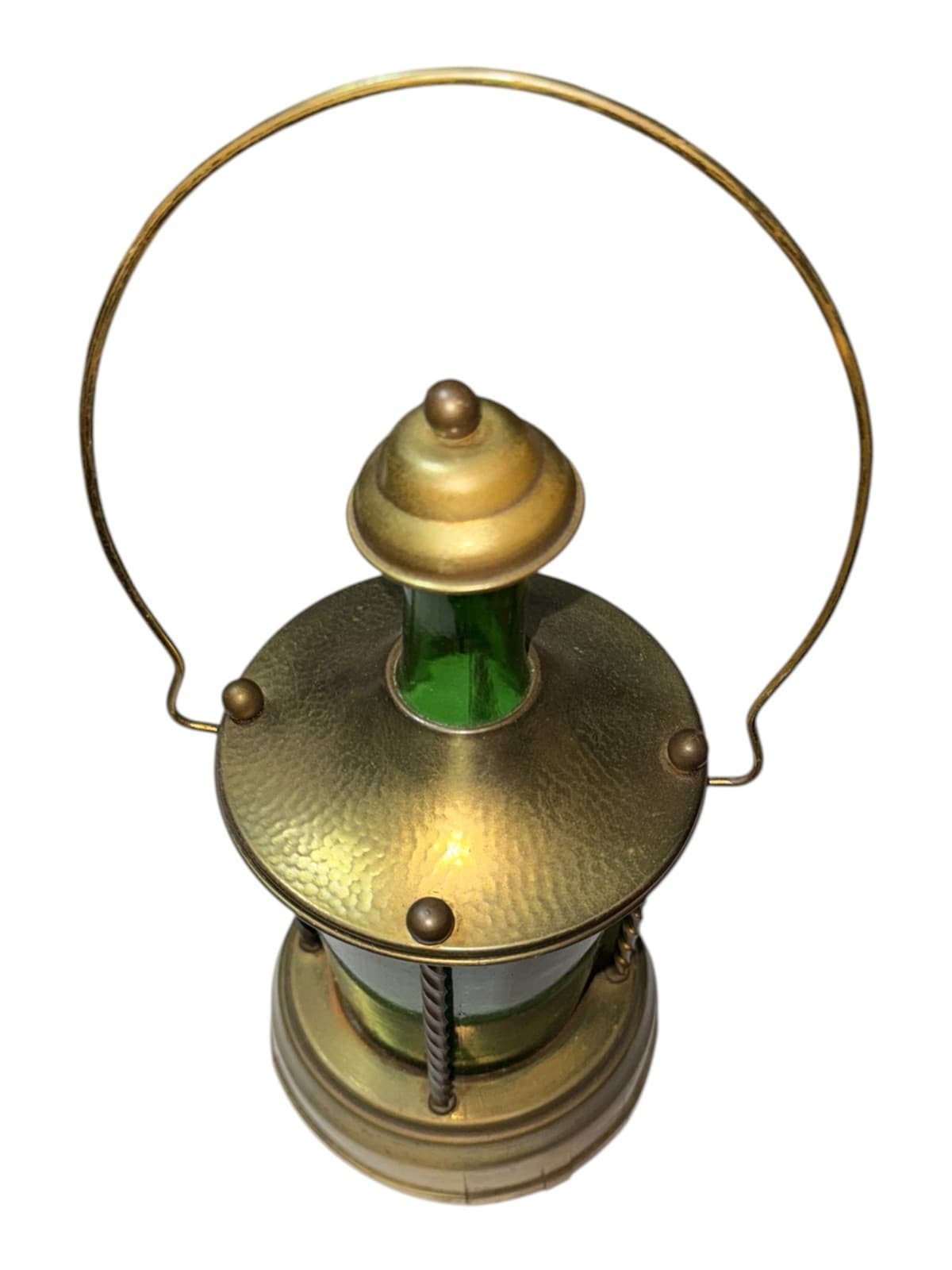 Vintage Musical Lantern Decanter Green Glass Brass Nautical Ship Light - Thumbnail 2