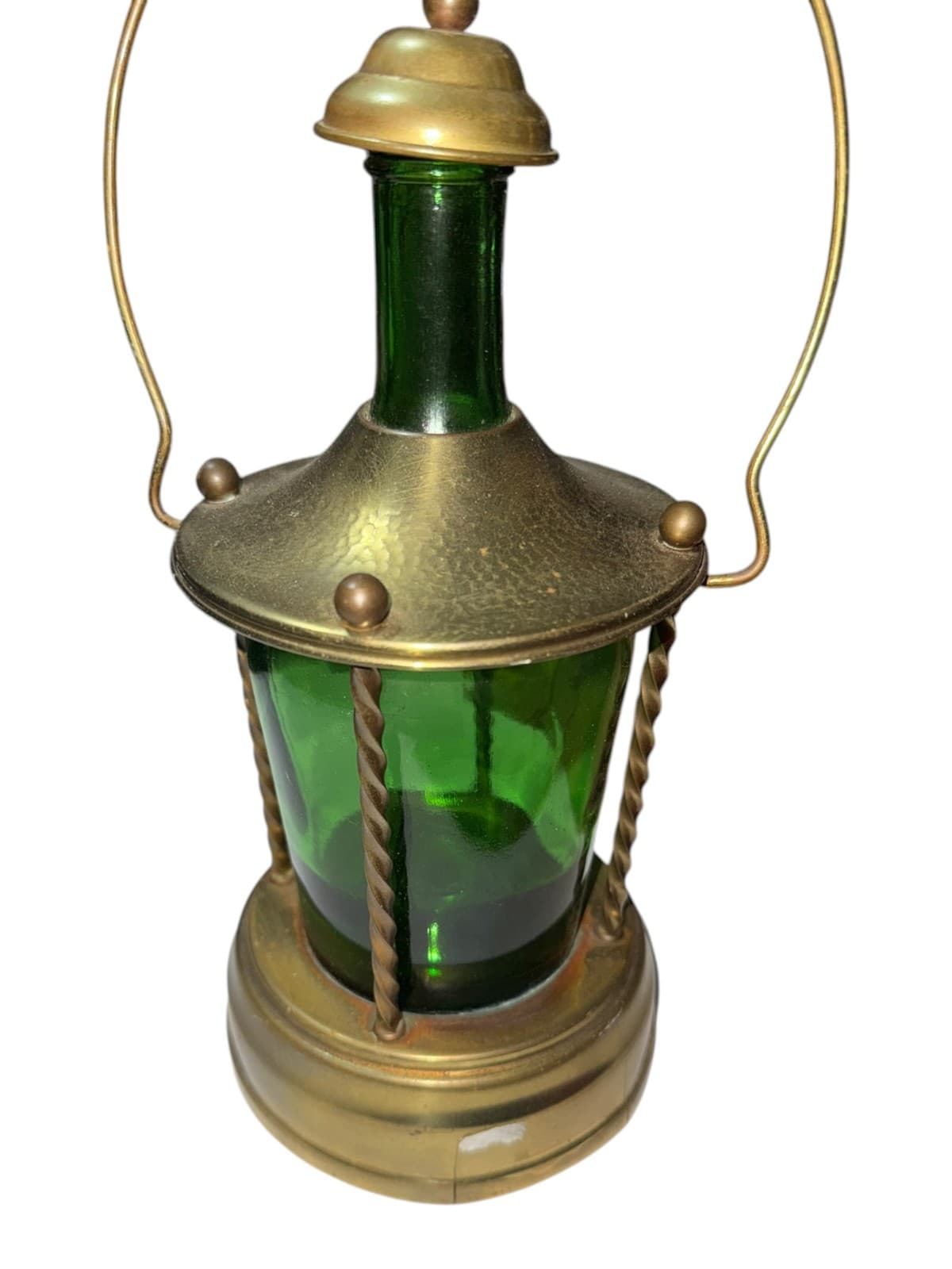Vintage Musical Lantern Decanter Green Glass Brass Nautical Ship Light - Thumbnail 3